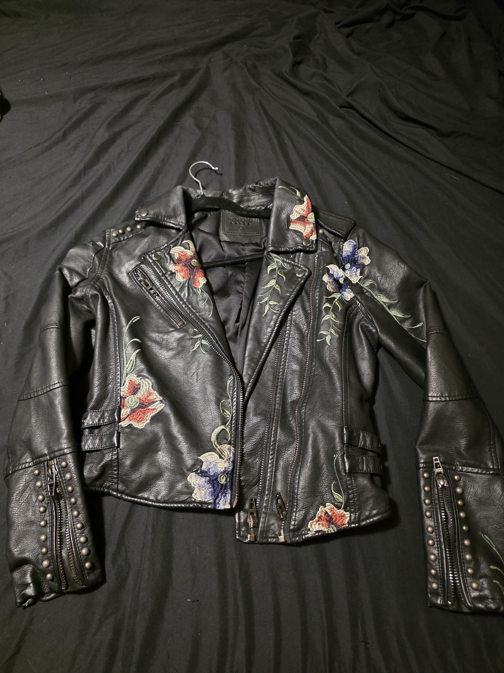 Blank NYC Black Faux Leather Embroidered Floral Moto Jacket